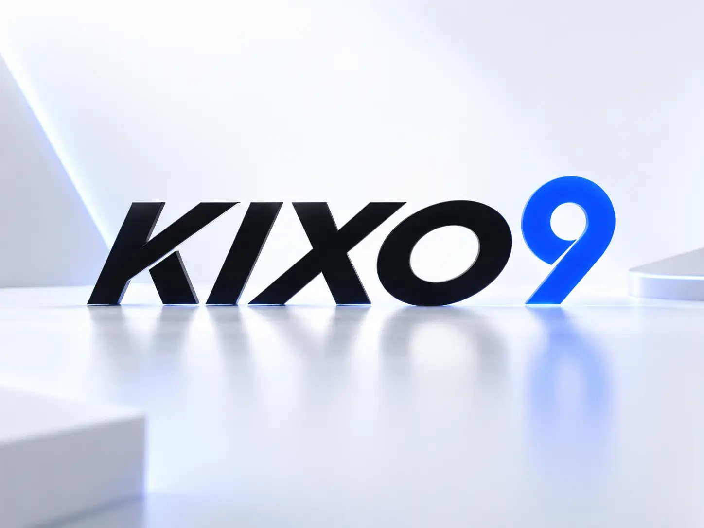 3D KIXO9 logo rendered in matte black and bright blue on a glossy white surface.